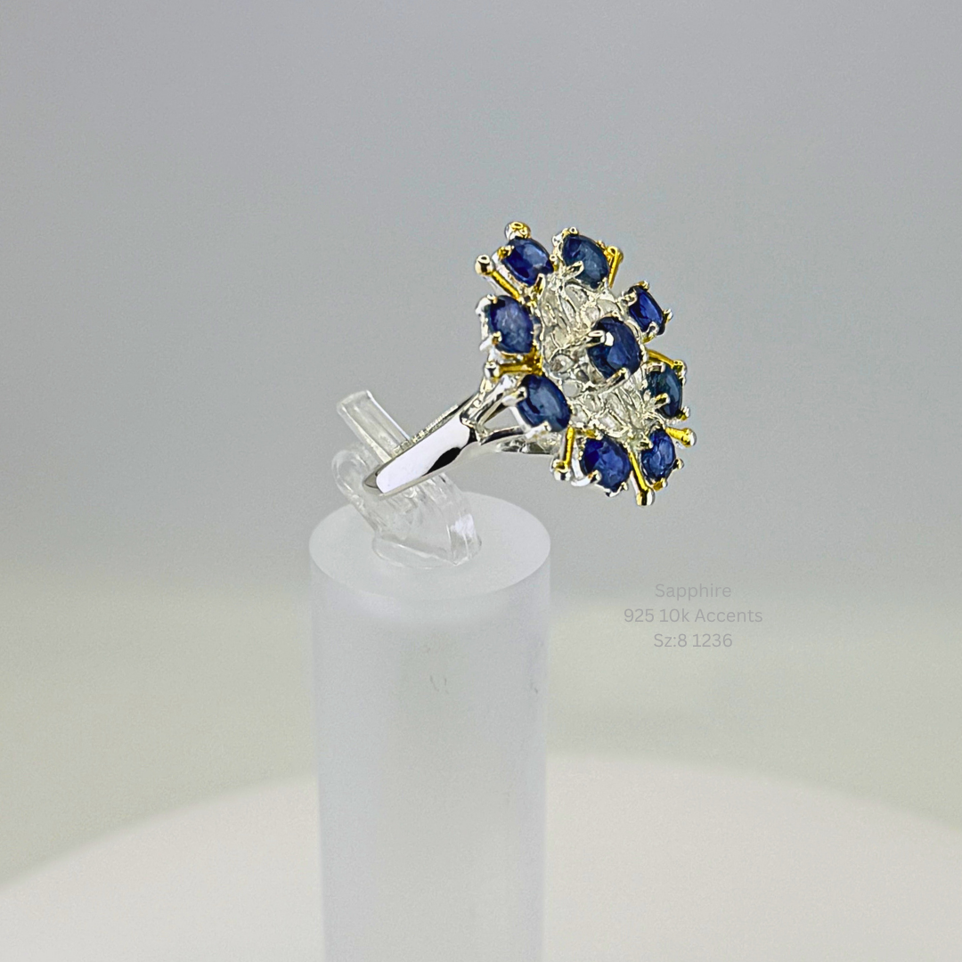 Natural Sapphire Cluster Ring Sterling Silver with 10K Gold Accents