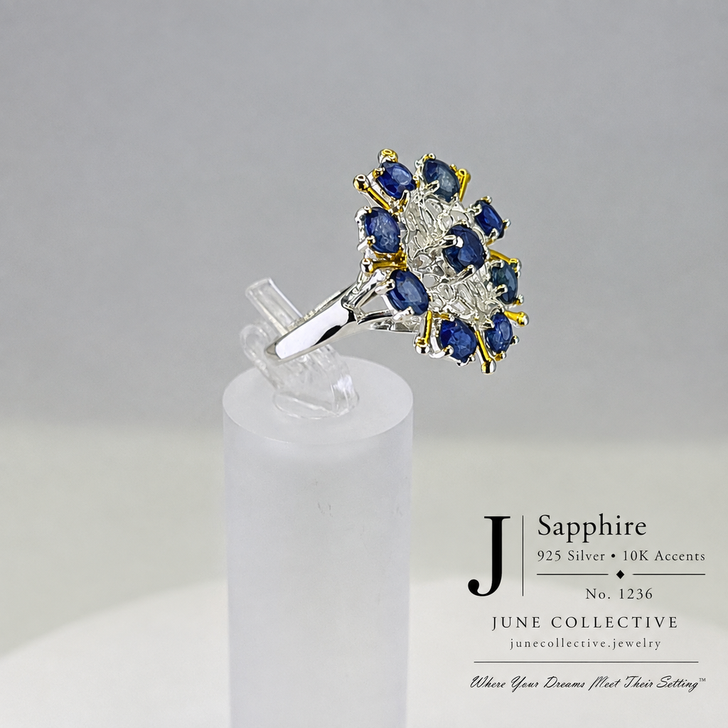 Natural Sapphire Cluster Ring Sterling Silver with 10K Gold Accents