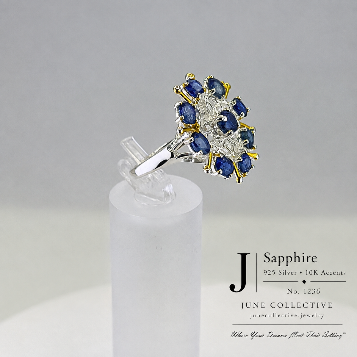 Natural Sapphire Cluster Ring Sterling Silver with 10K Gold Accents