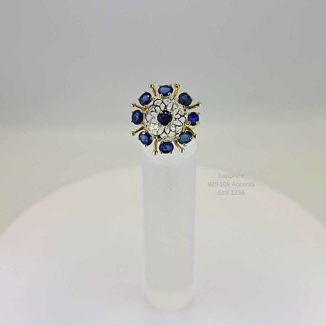 Natural Sapphire Cluster Ring Sterling Silver with 10K Gold Accents