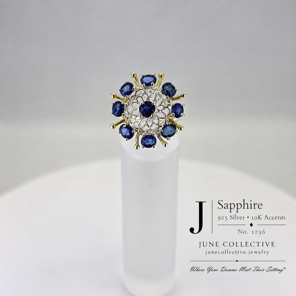 Natural Sapphire Cluster Ring Sterling Silver with 10K Gold Accents