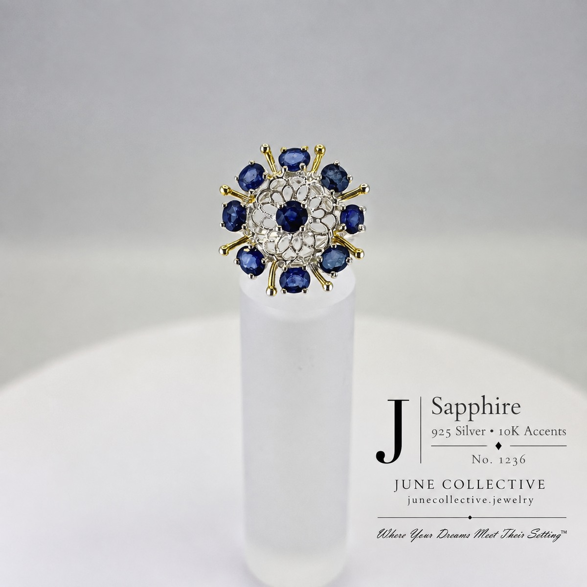 Natural Sapphire Cluster Ring Sterling Silver with 10K Gold Accents