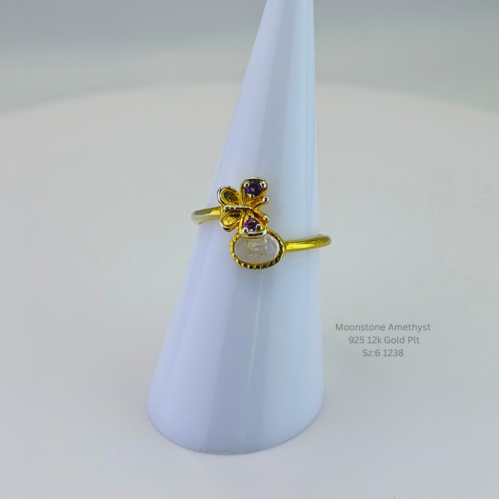 Natural Moonstone & Amethyst Butterfly Ring Sterling Silver with 12K Gold Plating