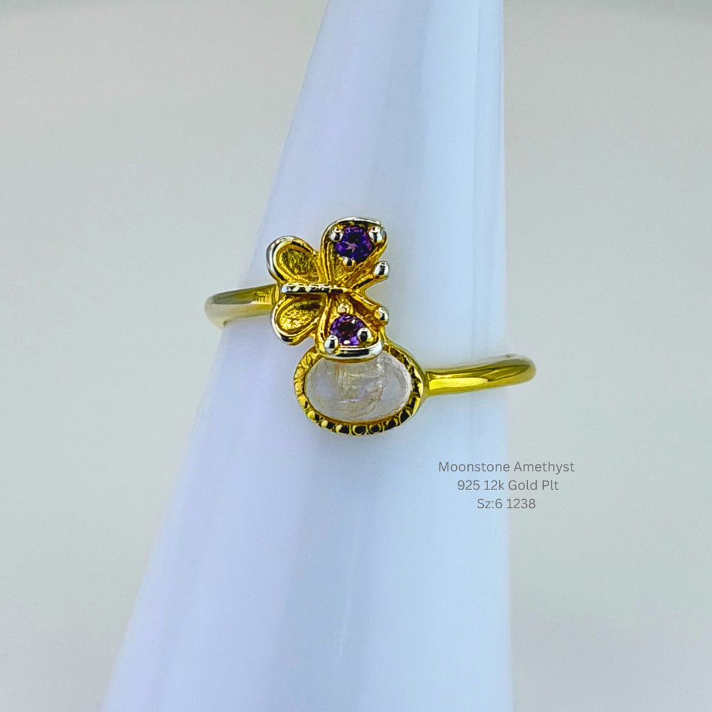 Natural Moonstone & Amethyst Butterfly Ring Sterling Silver with 12K Gold Plating