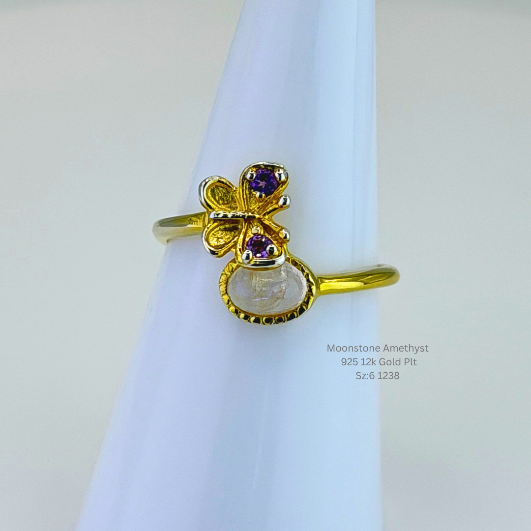 Natural Moonstone & Amethyst Butterfly Ring Sterling Silver with 12K Gold Plating