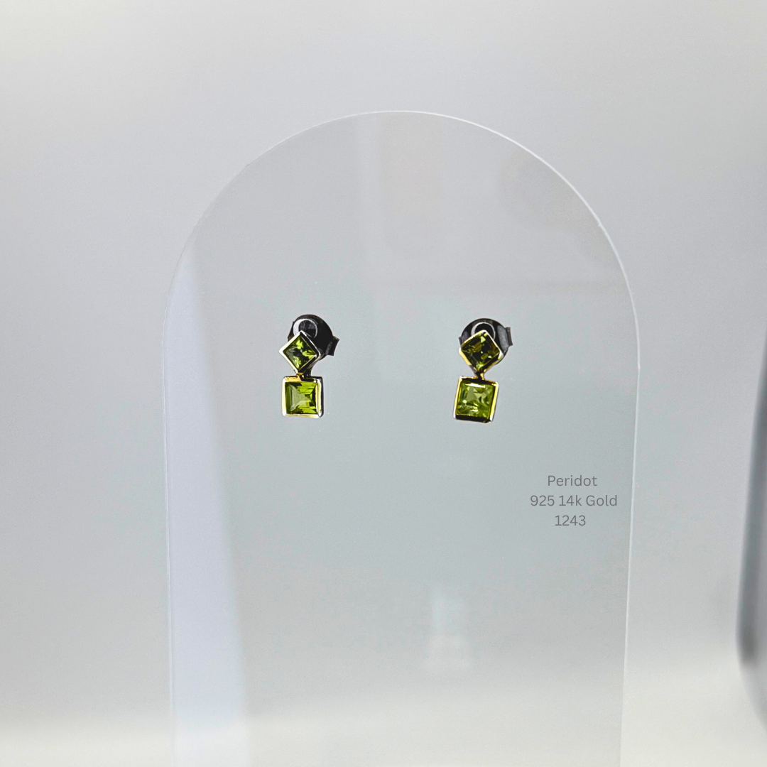 Natural Peridot Drop Earrings Sterling Silver with 14K Gold Accents