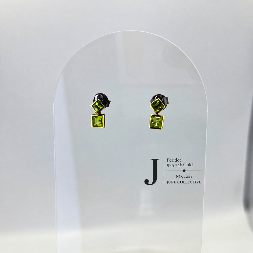 Natural Peridot Drop Earrings Sterling Silver with 14K Gold Accents