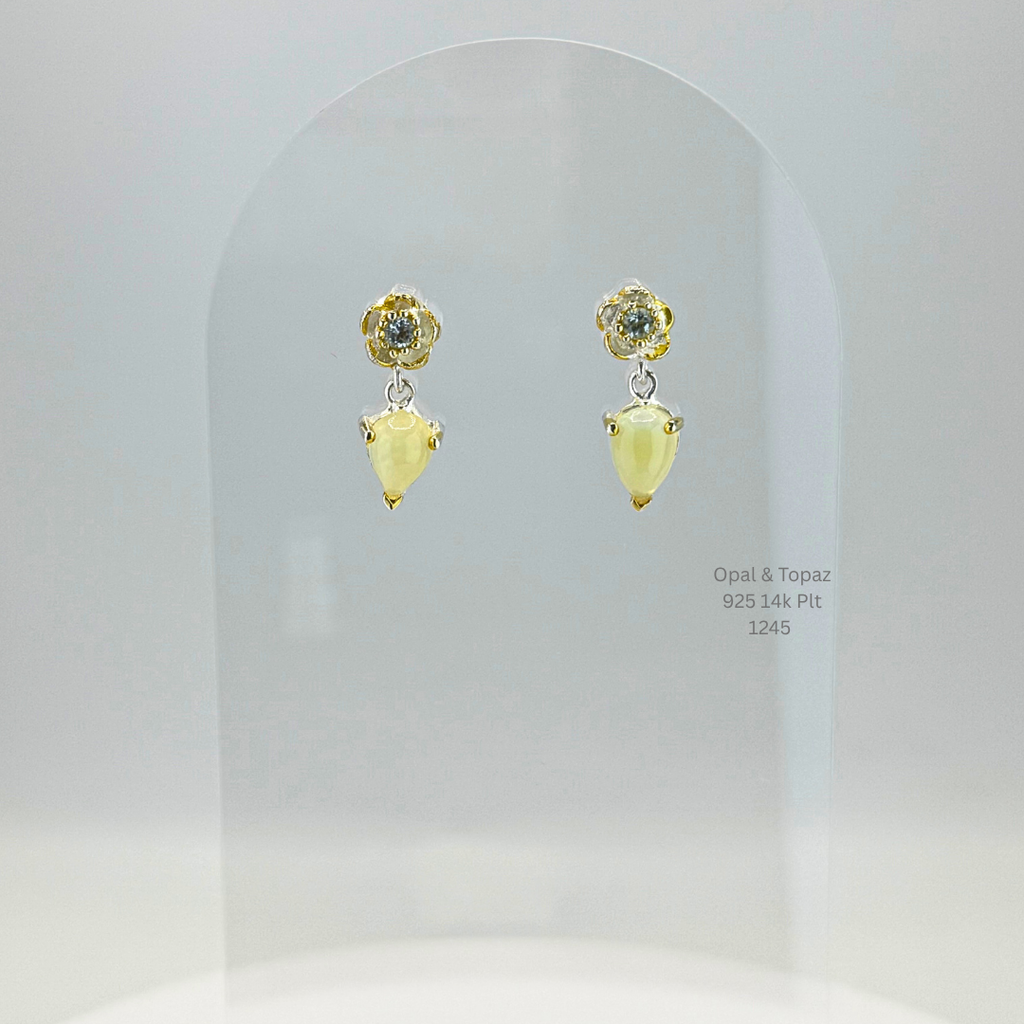 Natural Opal & White Topaz Drop Earrings Sterling Silver with 14K Gold Plating