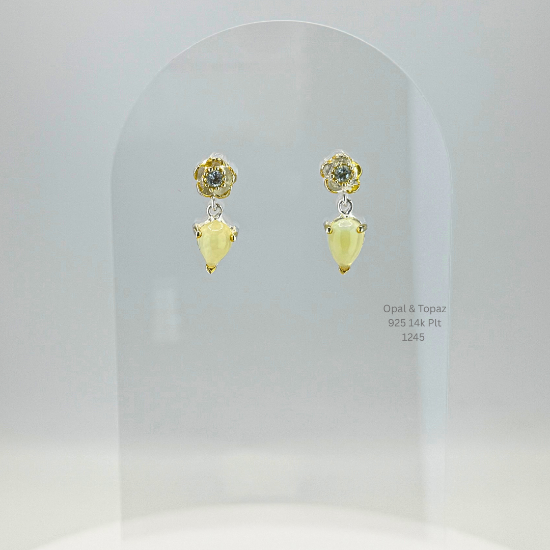 Natural Opal & White Topaz Drop Earrings Sterling Silver with 14K Gold Plating