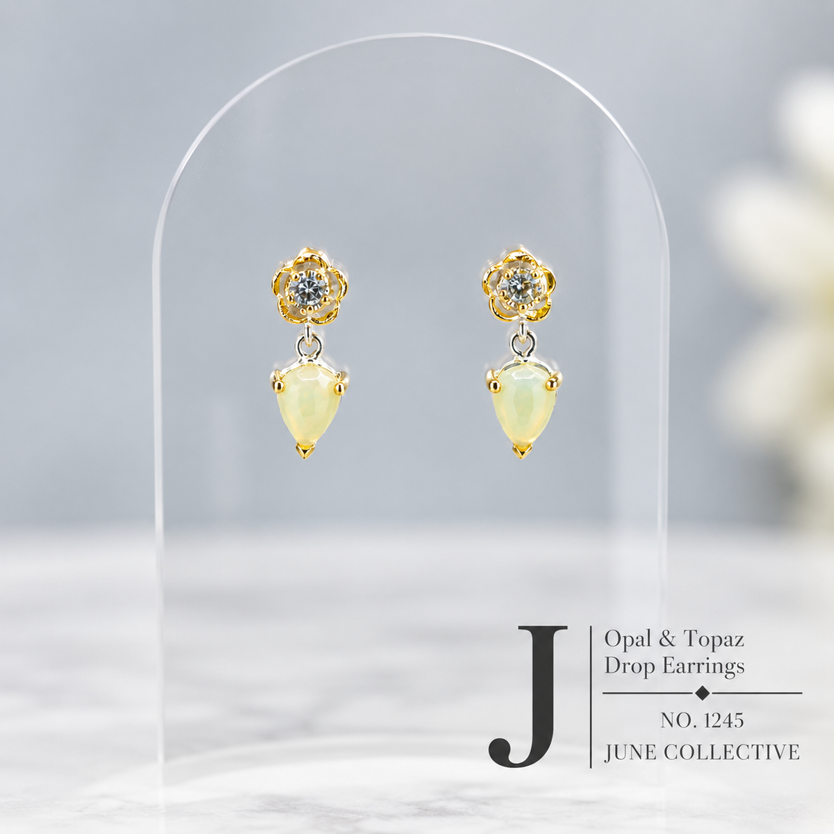 Natural Opal & White Topaz Drop Earrings Sterling Silver with 14K Gold Plating