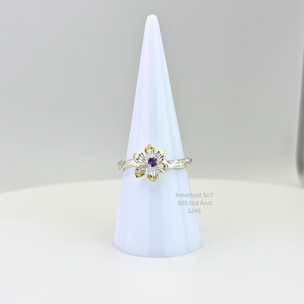 Natural Amethyst Flower Ring Size 7 925 Sterling Silver 14K Gold Accents