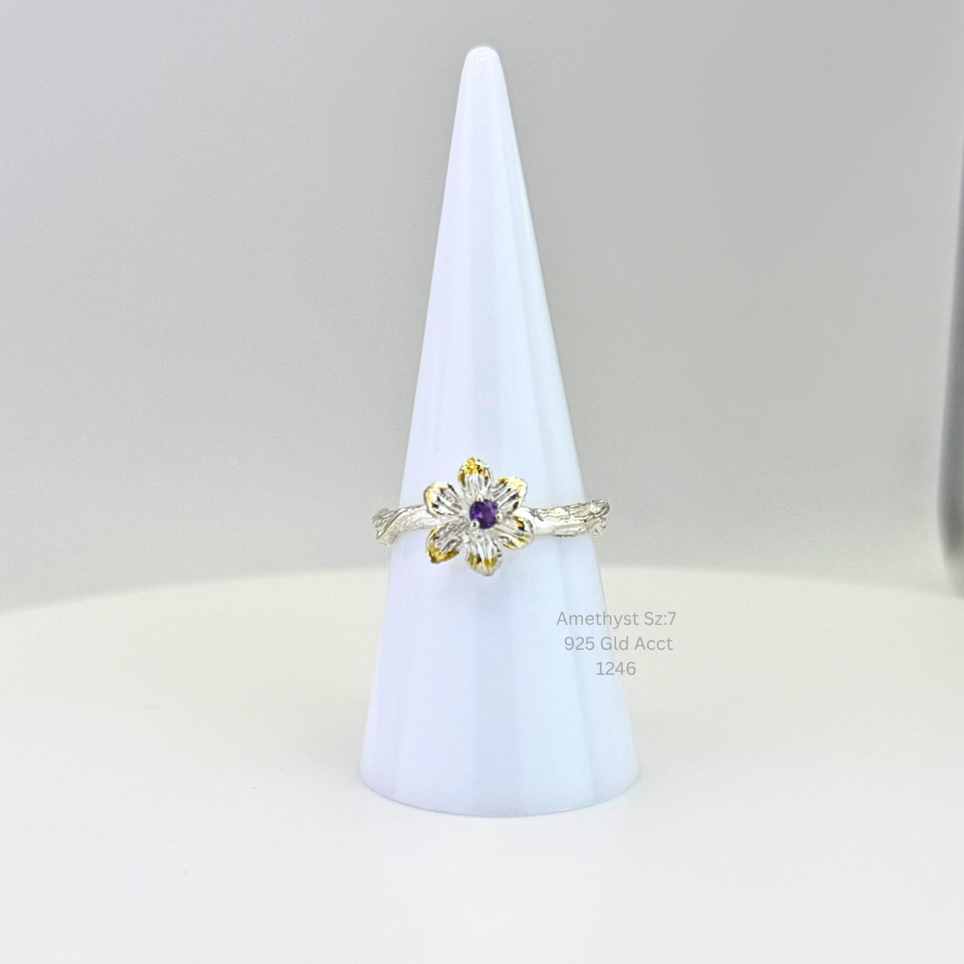 Natural Amethyst Flower Ring Size 7 925 Sterling Silver 14K Gold Accents