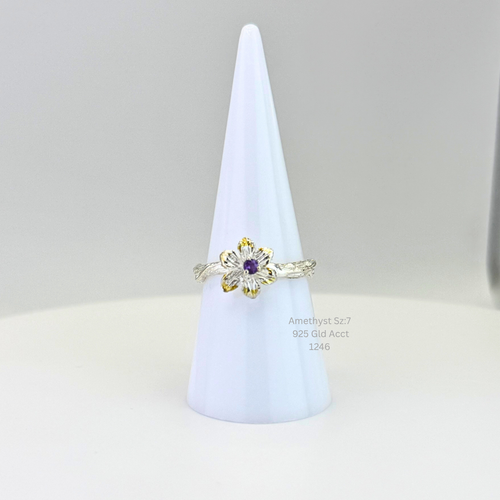 Natural Amethyst Flower Ring Size 7 925 Sterling Silver 14K Gold Accents