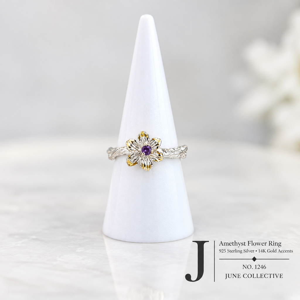 Natural Amethyst Flower Ring Size 7 925 Sterling Silver 14K Gold Accents