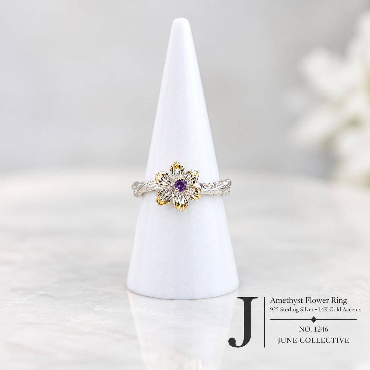 Natural Amethyst Flower Ring Size 7 925 Sterling Silver 14K Gold Accents