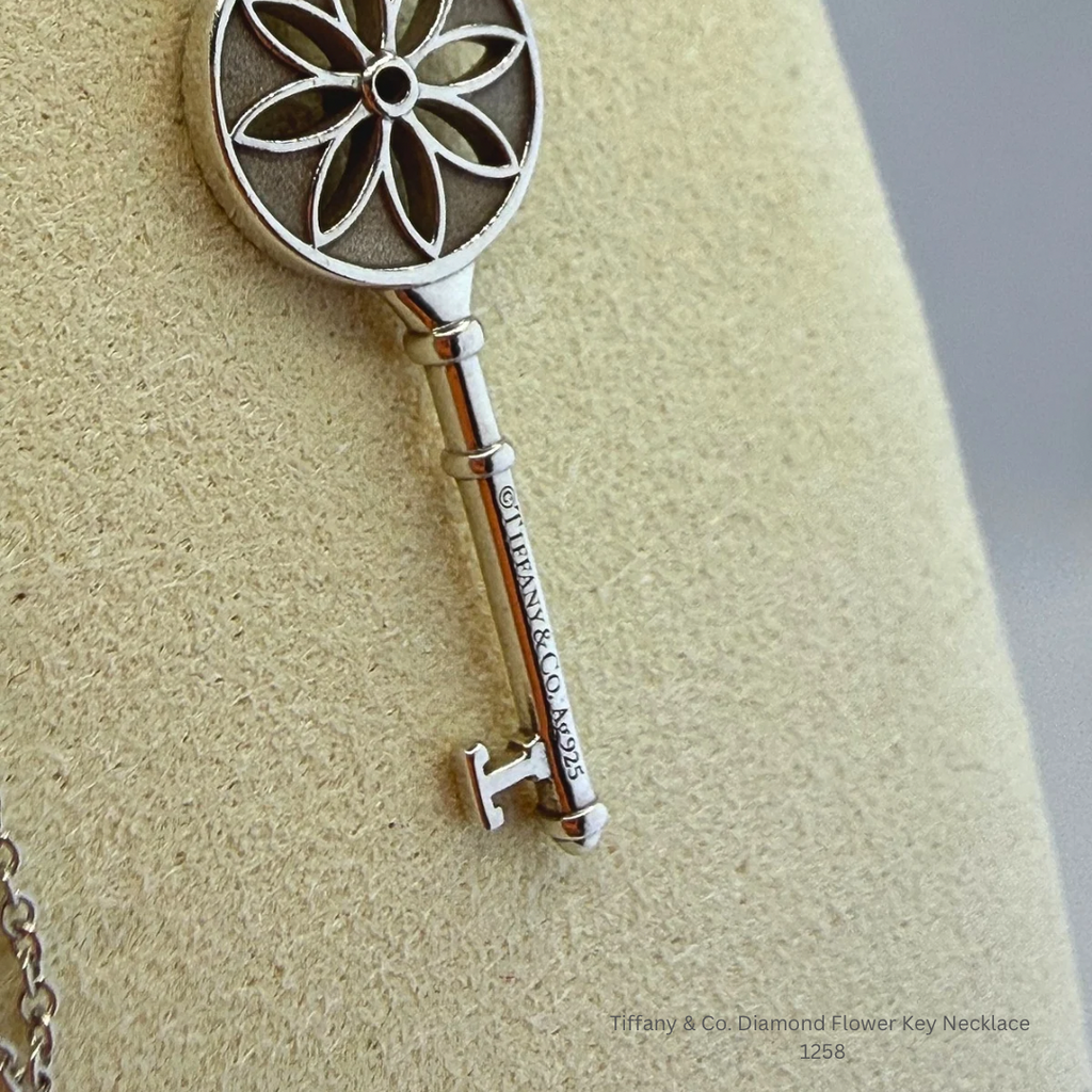 Tiffany & Co. Diamond Flower Key Necklace with Original Tiffany Chain Sterling Silver 925 Authentic