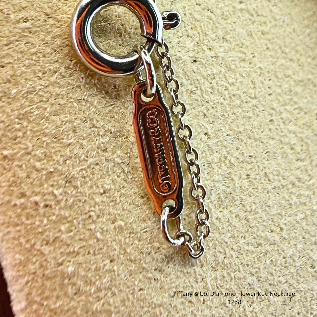 Tiffany & Co. Diamond Flower Key Necklace with Original Tiffany Chain Sterling Silver 925 Authentic