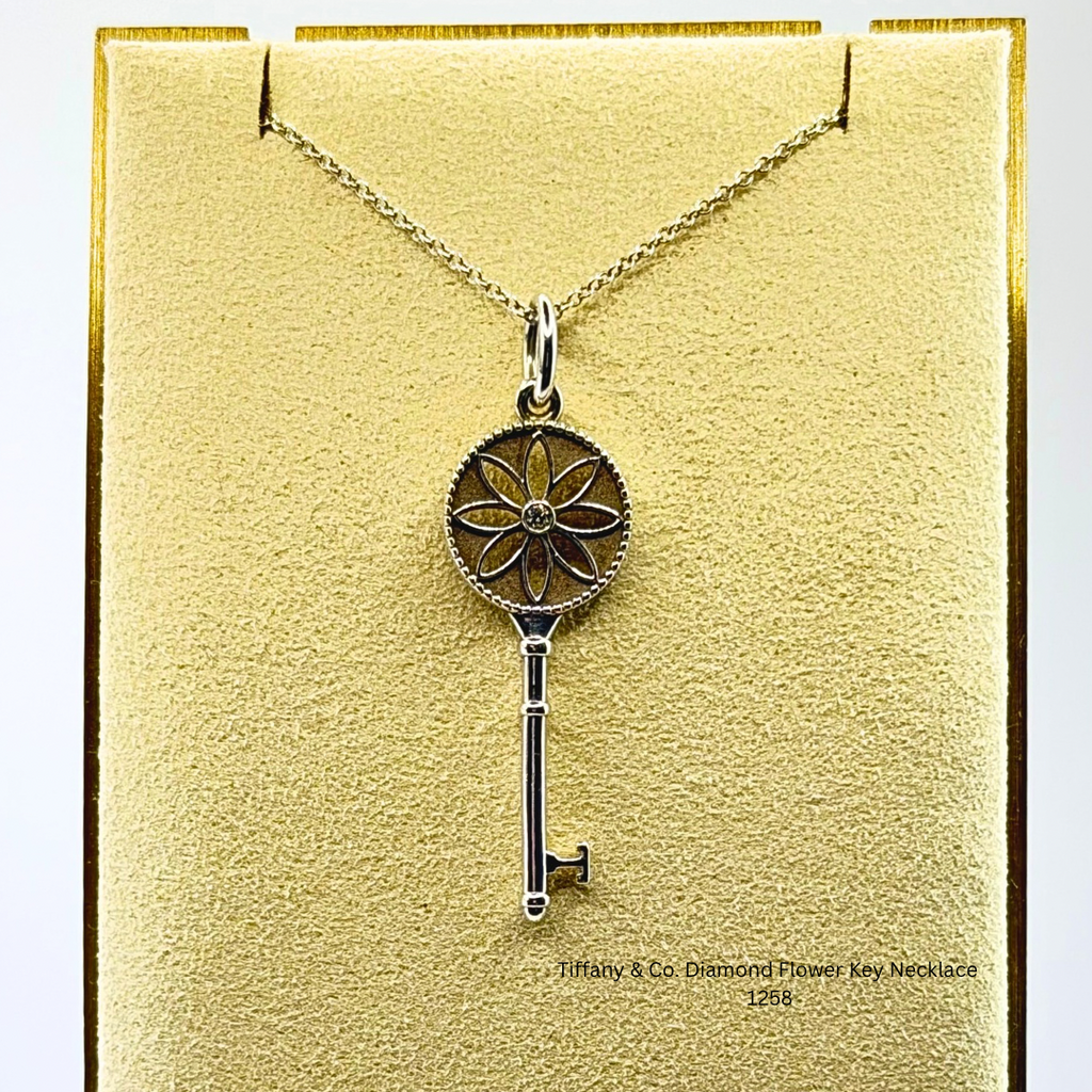 Tiffany & Co. Diamond Flower Key Necklace with Original Tiffany Chain Sterling Silver 925 Authentic