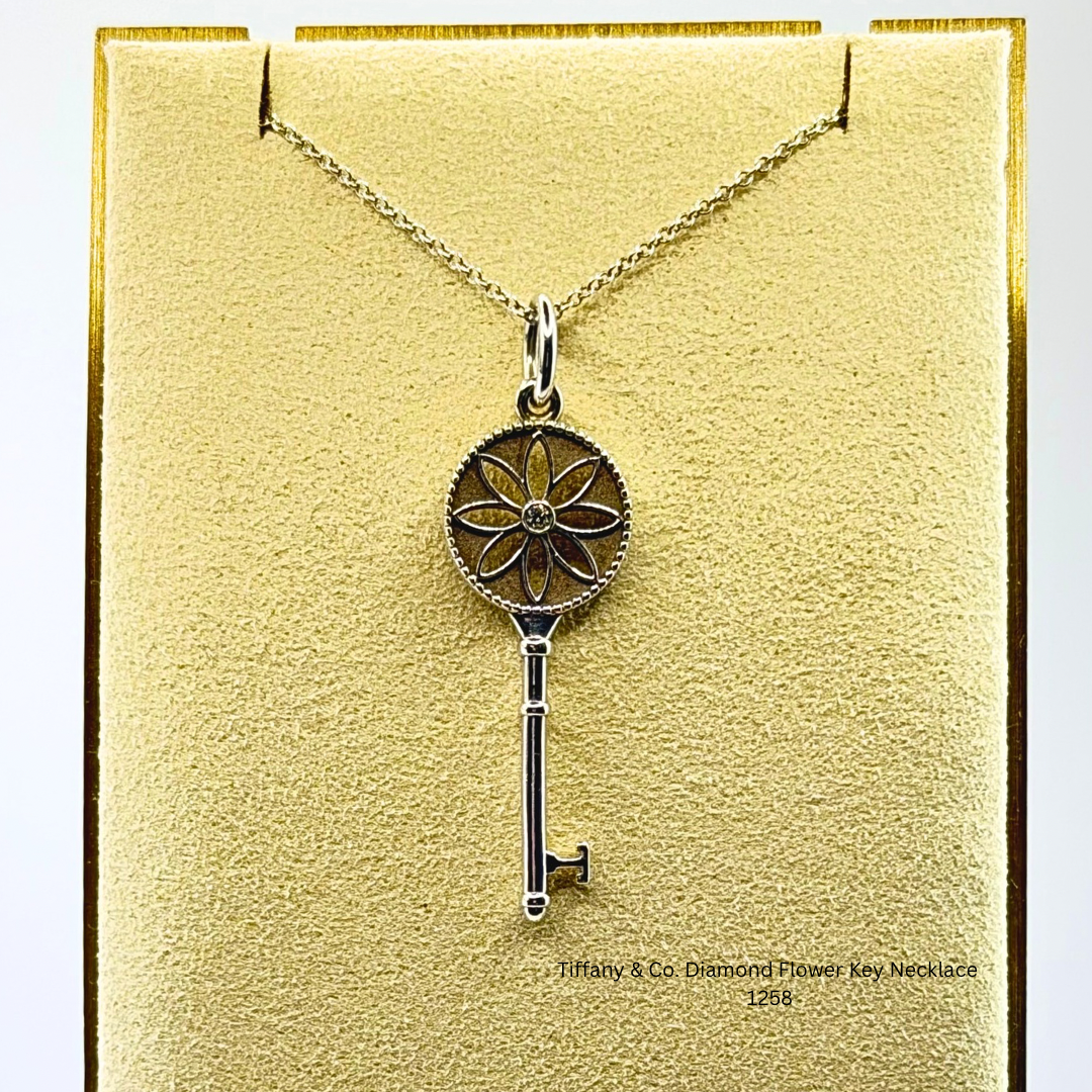 Tiffany & Co. Diamond Flower Key Necklace with Original Tiffany Chain Sterling Silver 925 Authentic