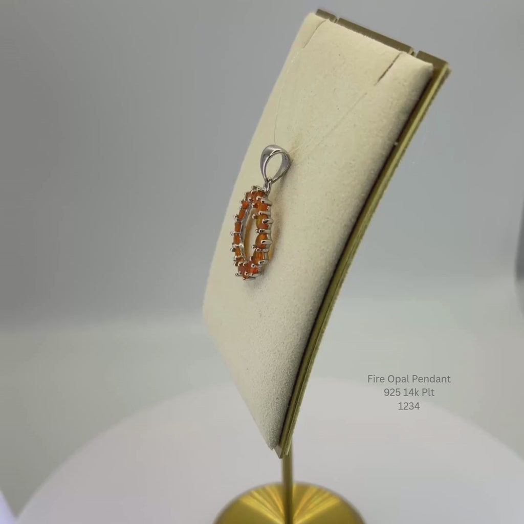 Natural Fire Opal Halo Pendant Sterling Silver with Platinum & 14K Gold Plating