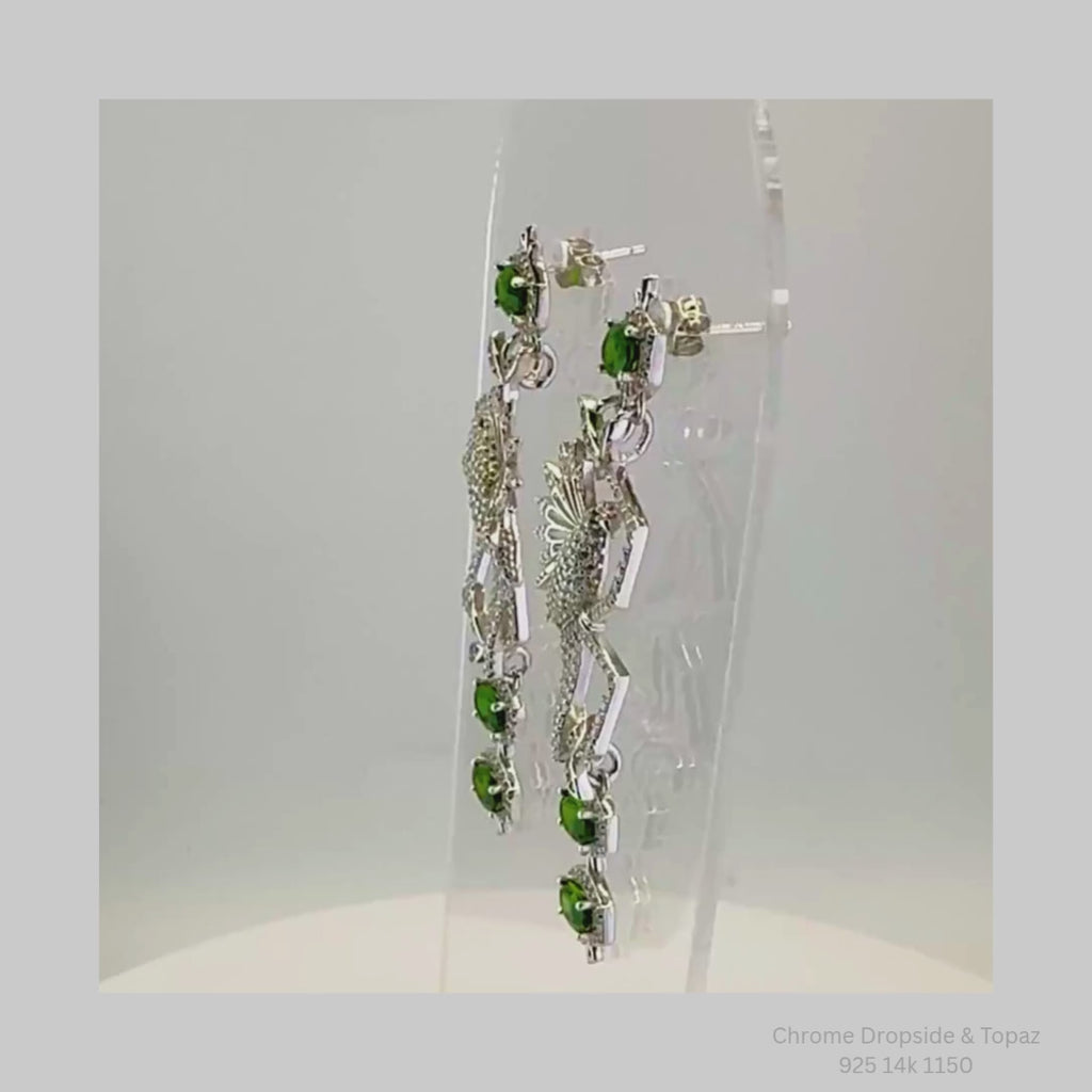 Natural Chrome Diopside Bird Dangle Earrings 925 Sterling Silver 14K Gold Plated