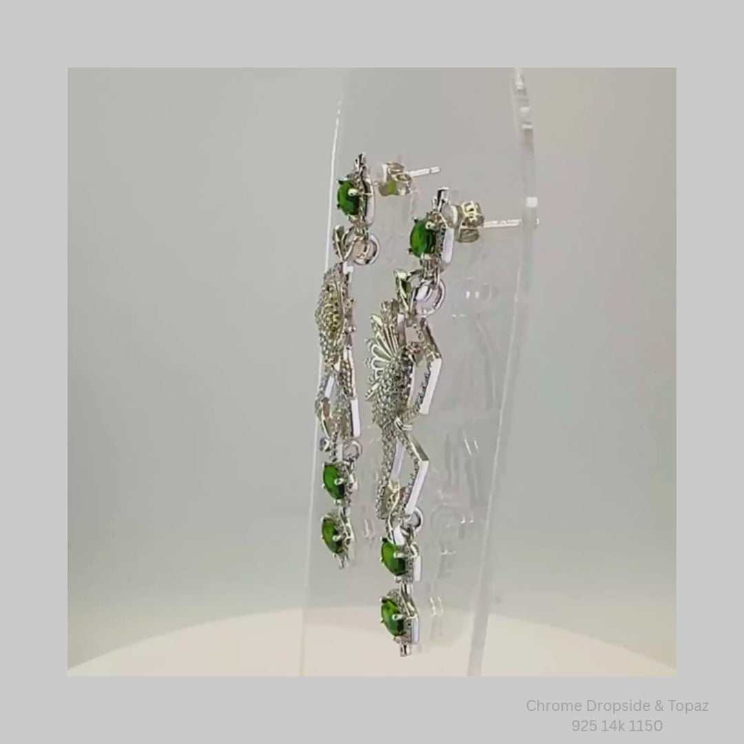 Natural Chrome Diopside Bird Dangle Earrings 925 Sterling Silver 14K Gold Plated
