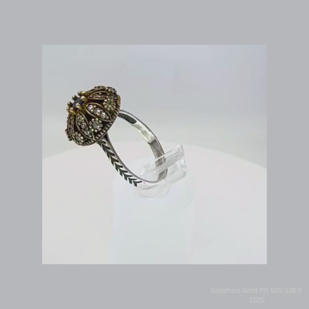 Natural Blue Sapphire & White Topaz Floral Halo Ring in 925 Sterling Silver