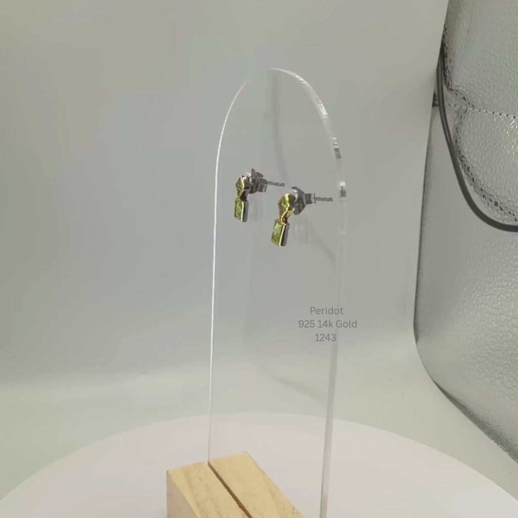 Natural Peridot Drop Earrings Sterling Silver with 14K Gold Accents
