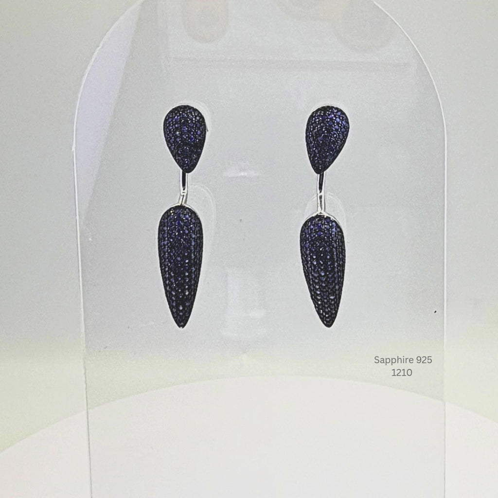 Natural Blue Sapphire & Diamond Accent Pavé Drop Earrings Sterling Silver