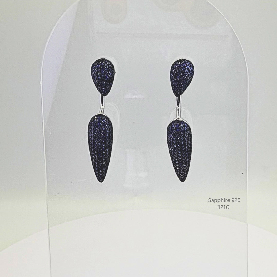 Natural Blue Sapphire & Diamond Accent Pavé Drop Earrings Sterling Silver
