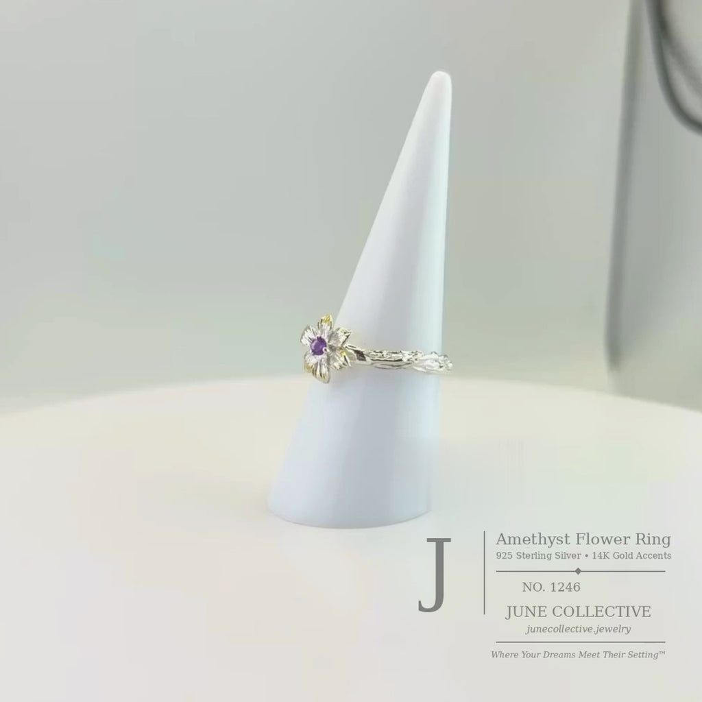 Natural Amethyst Flower Ring Size 7 925 Sterling Silver 14K Gold Accents