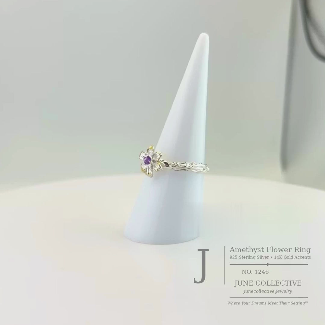 Natural Amethyst Flower Ring Size 7 925 Sterling Silver 14K Gold Accents