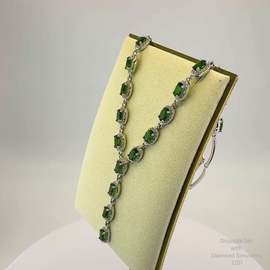 Natural Green Diopside Necklace Set Sterling Silver with 14K White Gold Plating