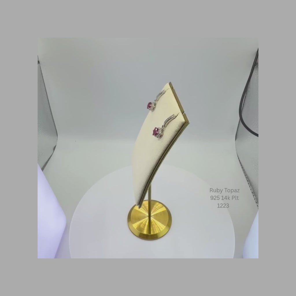 Natural Ruby & White Topaz Hexagon Dangle Earrings Sterling Silver with 14K Gold Accents