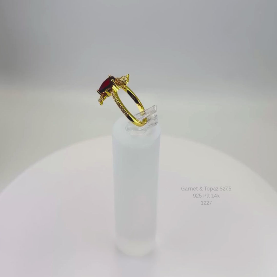 Natural Garnet & White Topaz Bird Ring Sterling Silver with 14K Gold Plating