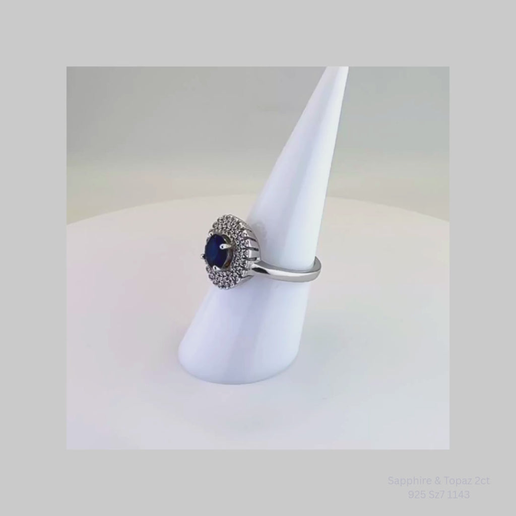 Natural Blue Sapphire & White Topaz Halo Ring in 925 Sterling Silver
