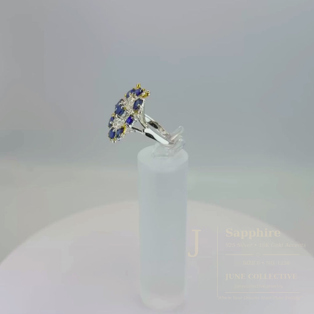Natural Sapphire Cluster Ring Sterling Silver with 10K Gold Accents