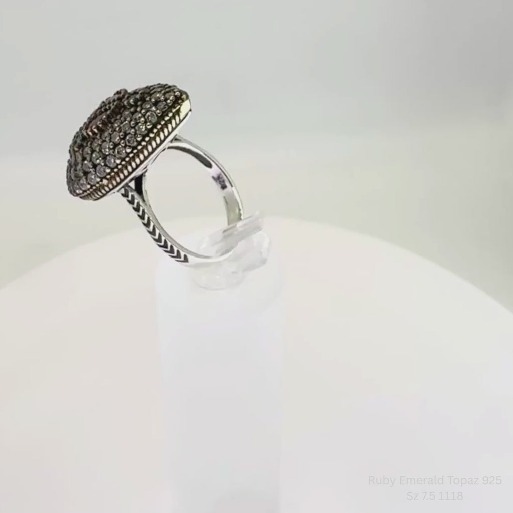 Handmade Ruby, Emerald & White Topaz Statement Ring in 925 Sterling Silver