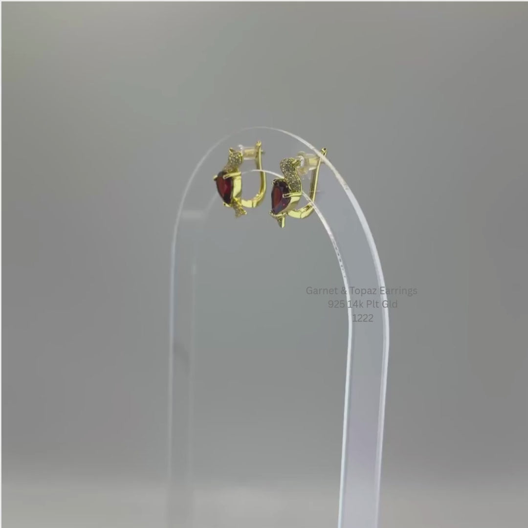 Natural Garnet & White Topaz Bird Earrings Sterling Silver with 14K Gold Plating