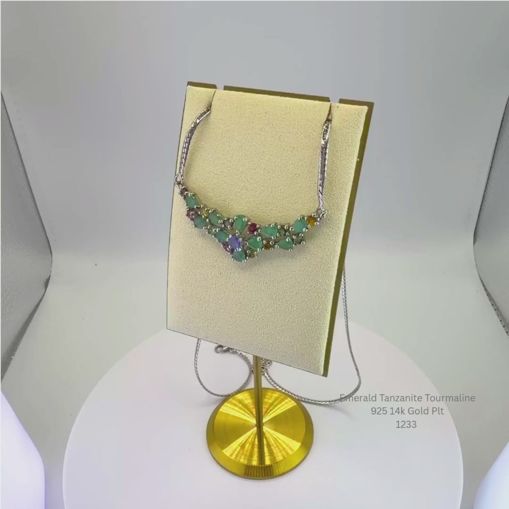 Natural Emerald, Tanzanite & Tourmaline Necklace Sterling Silver with 14K Gold Plating