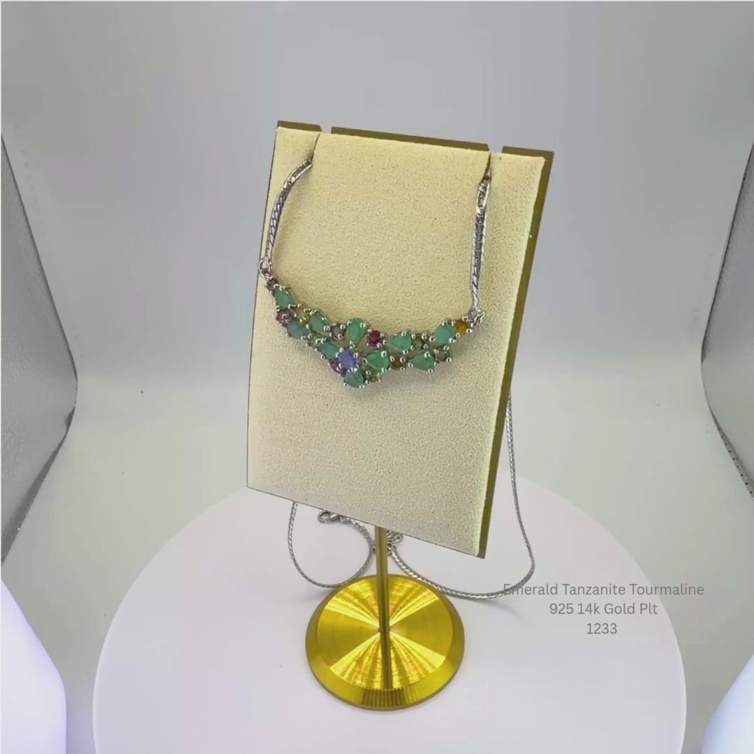 Natural Emerald, Tanzanite & Tourmaline Necklace Sterling Silver with 14K Gold Plating