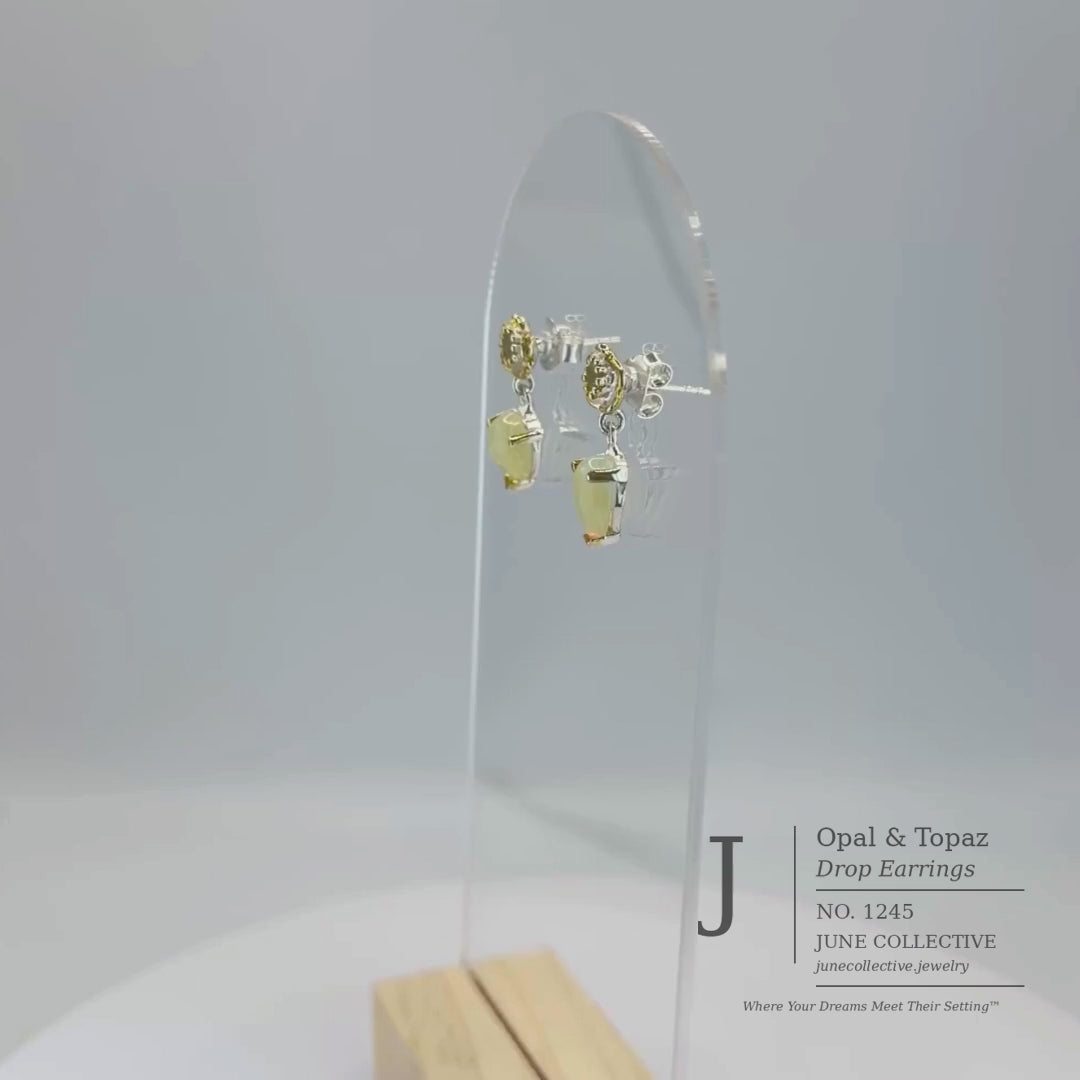 Natural Opal & White Topaz Drop Earrings Sterling Silver with 14K Gold Plating