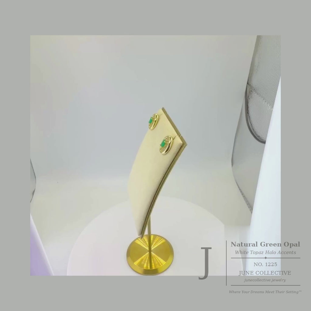Natural Green Opal & White Topaz Halo Earrings Sterling Silver with 14K Gold Plating