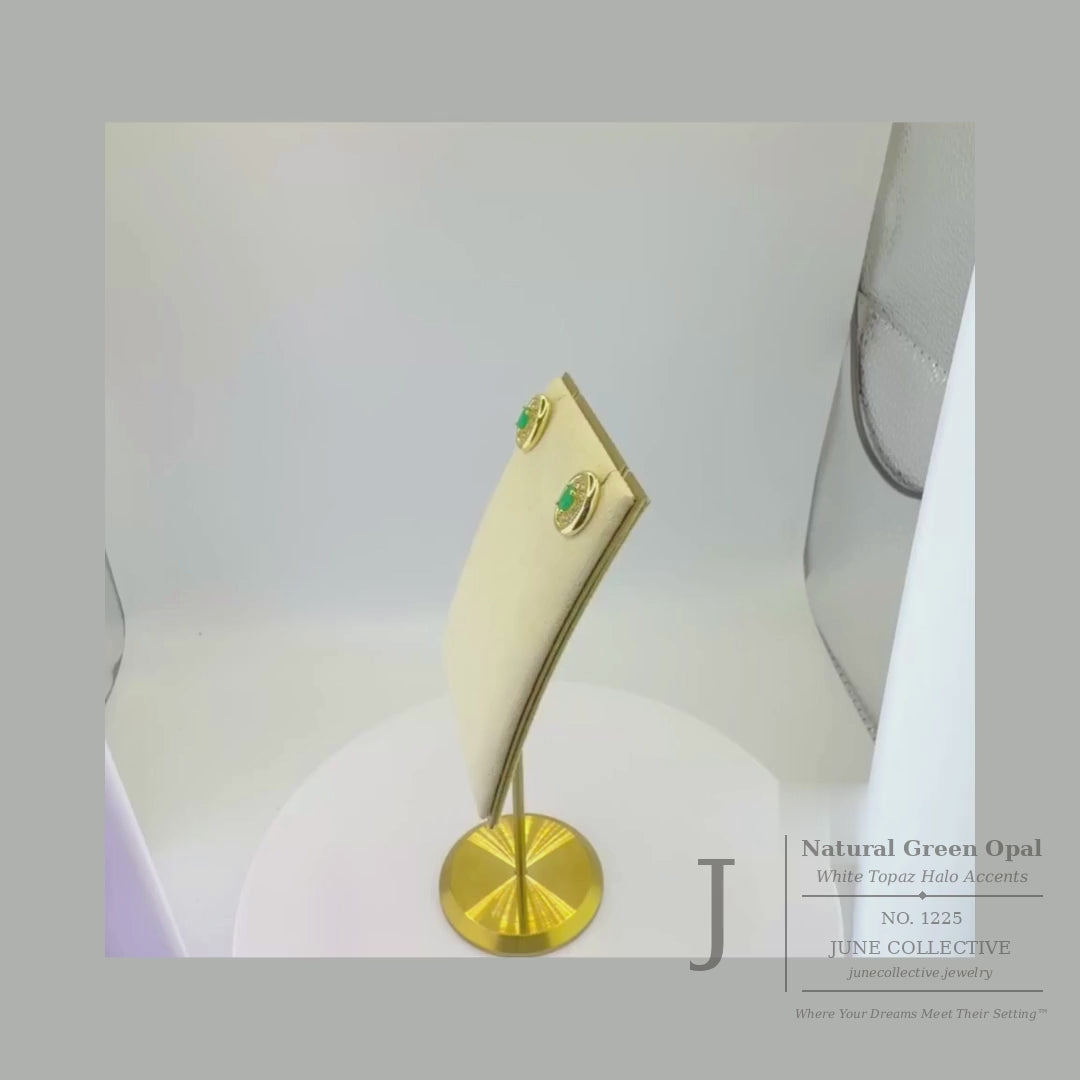 Natural Green Opal & White Topaz Halo Earrings Sterling Silver with 14K Gold Plating