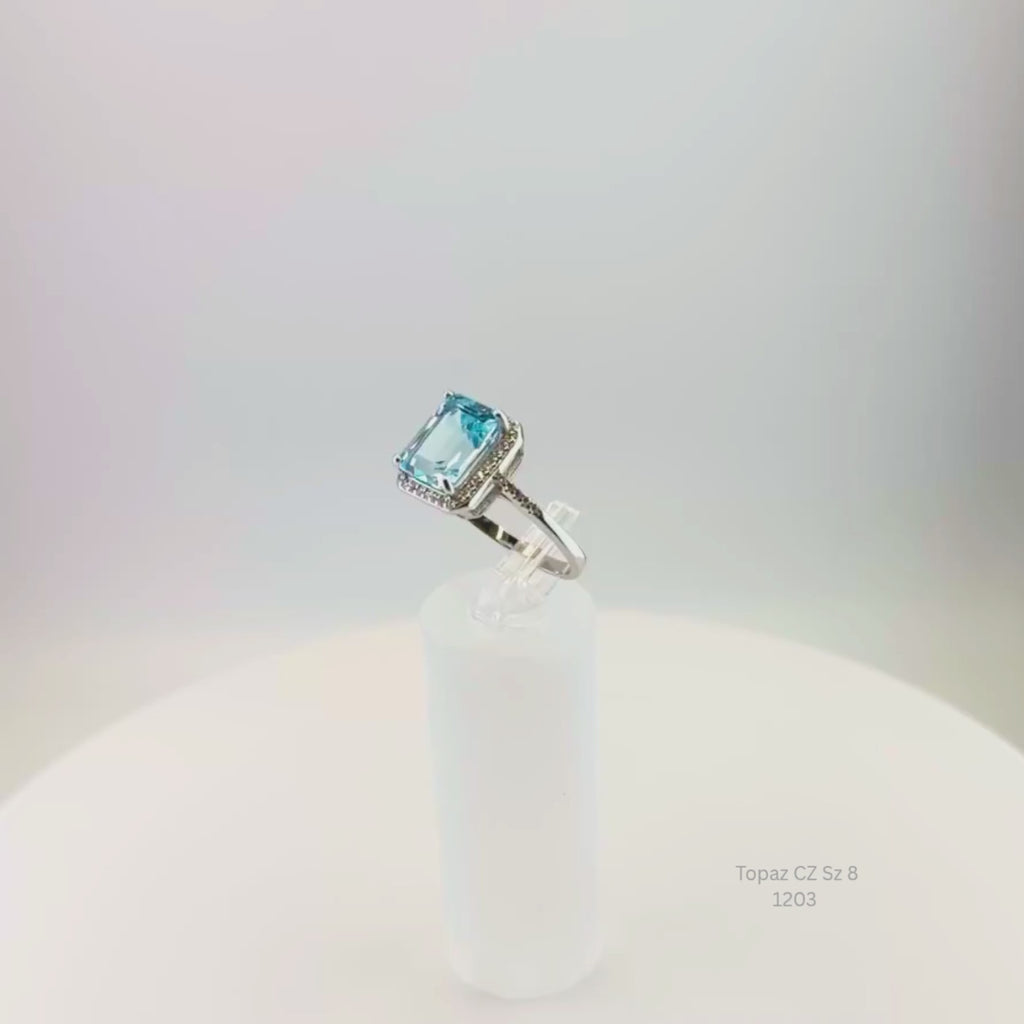Natural Blue Topaz Halo Ring Sterling Silver Size 8