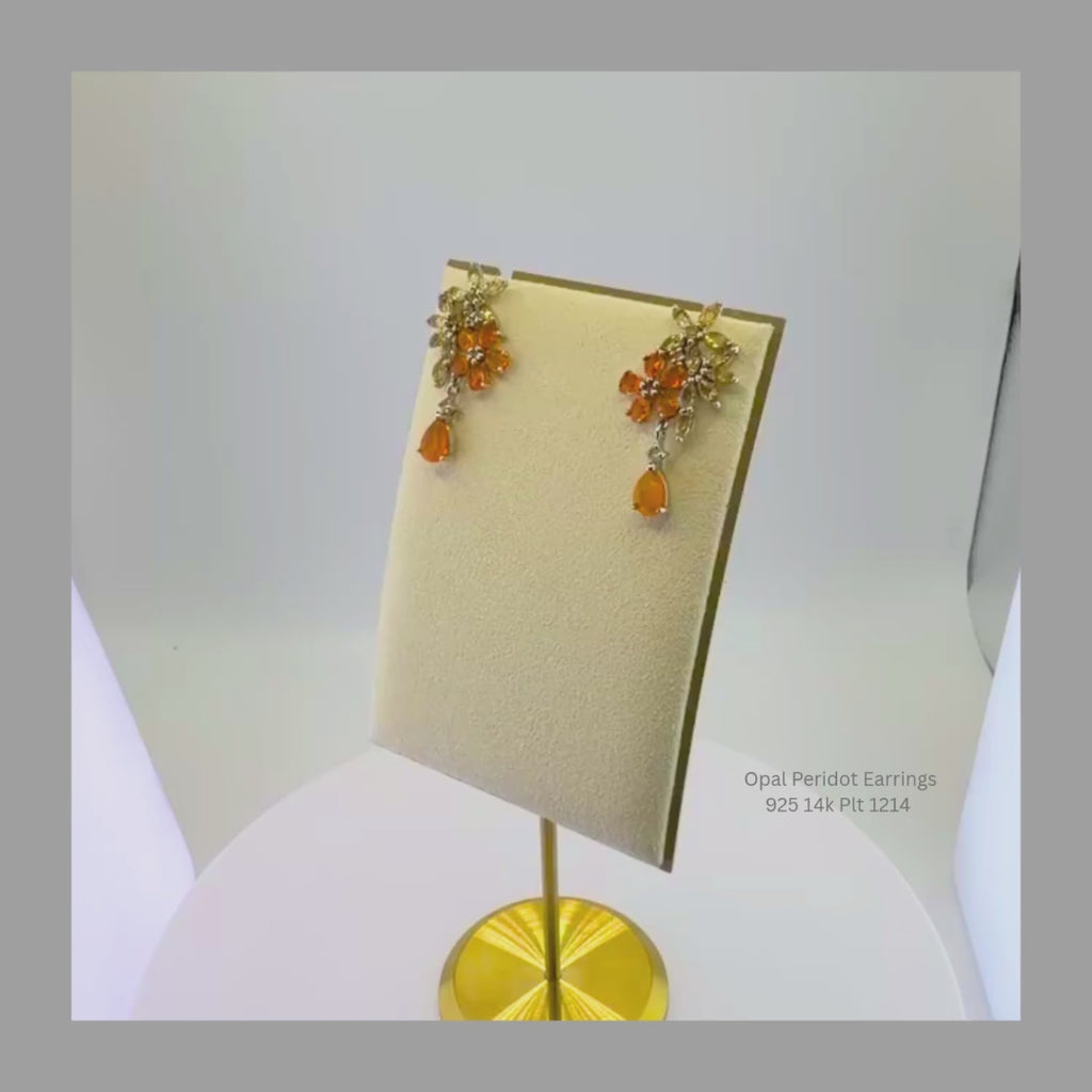 Natural Opal & Peridot Floral Drop Earrings Sterling Silver with 14K Gold Plating