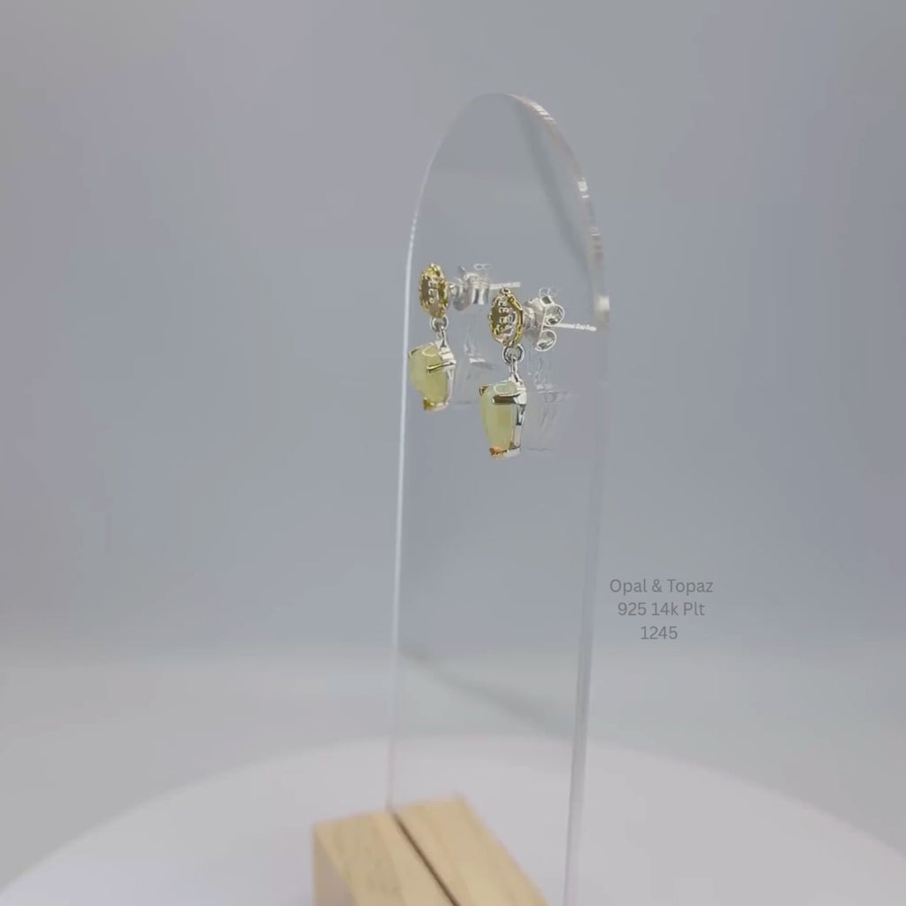 Natural Opal & White Topaz Drop Earrings Sterling Silver with 14K Gold Plating