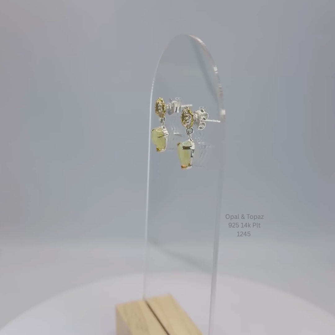 Natural Opal & White Topaz Drop Earrings Sterling Silver with 14K Gold Plating