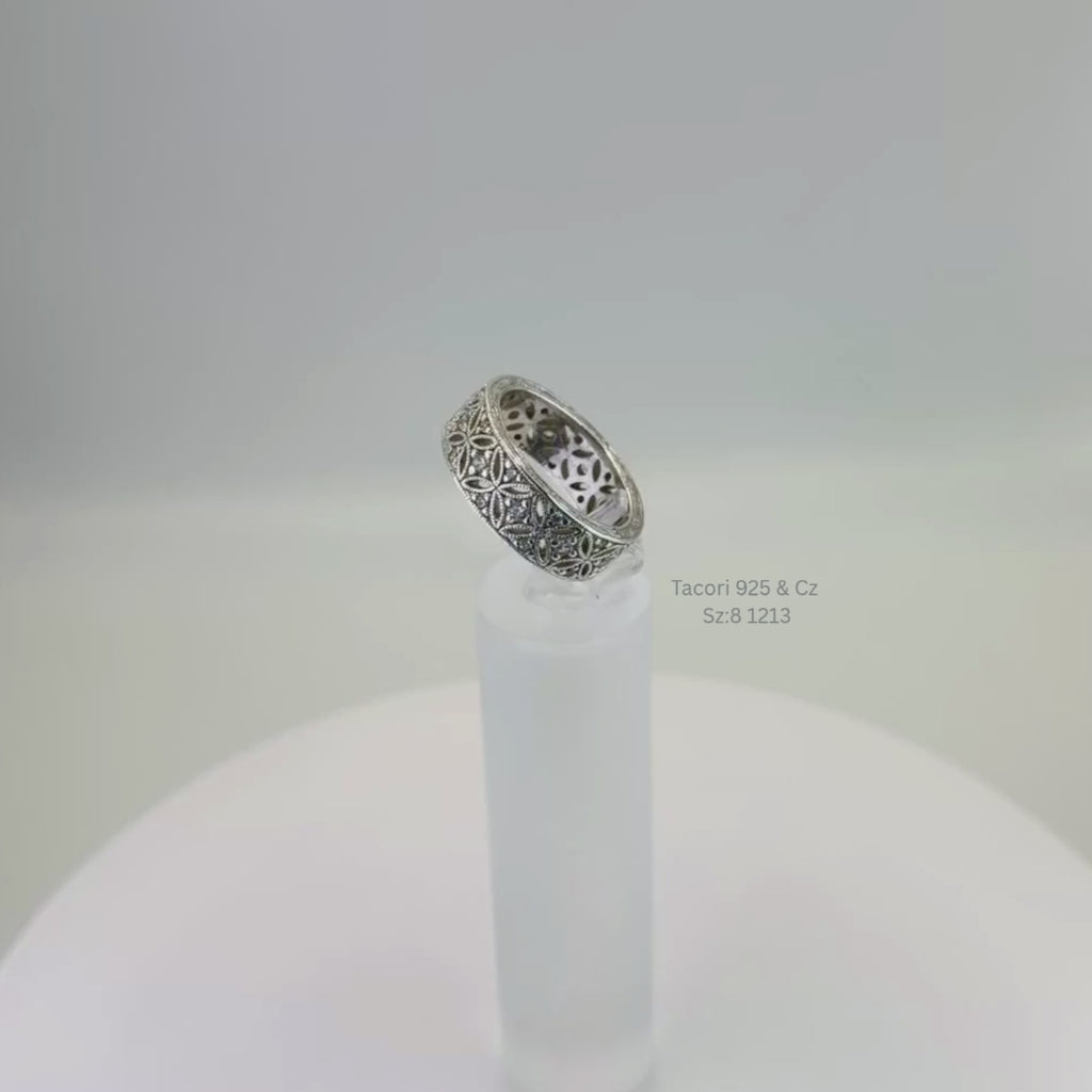Tacori Floral Filigree CZ Band Ring Sterling Silver Size 8