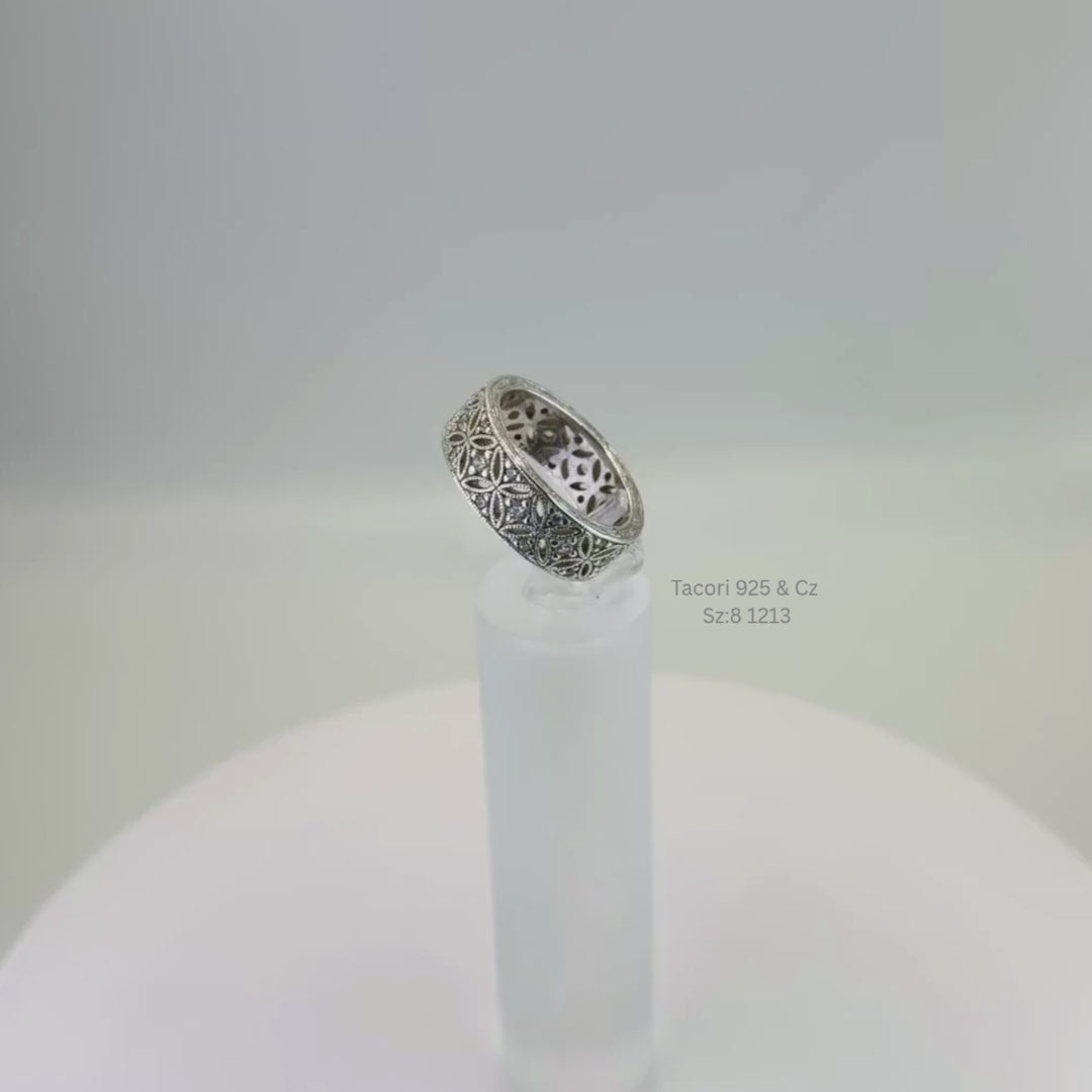 Tacori Floral Filigree CZ Band Ring Sterling Silver Size 8